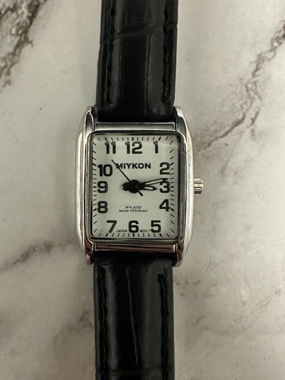 3/$30 Miykon Watch Women Silver Tone White Dial Black Leather Band New Battery